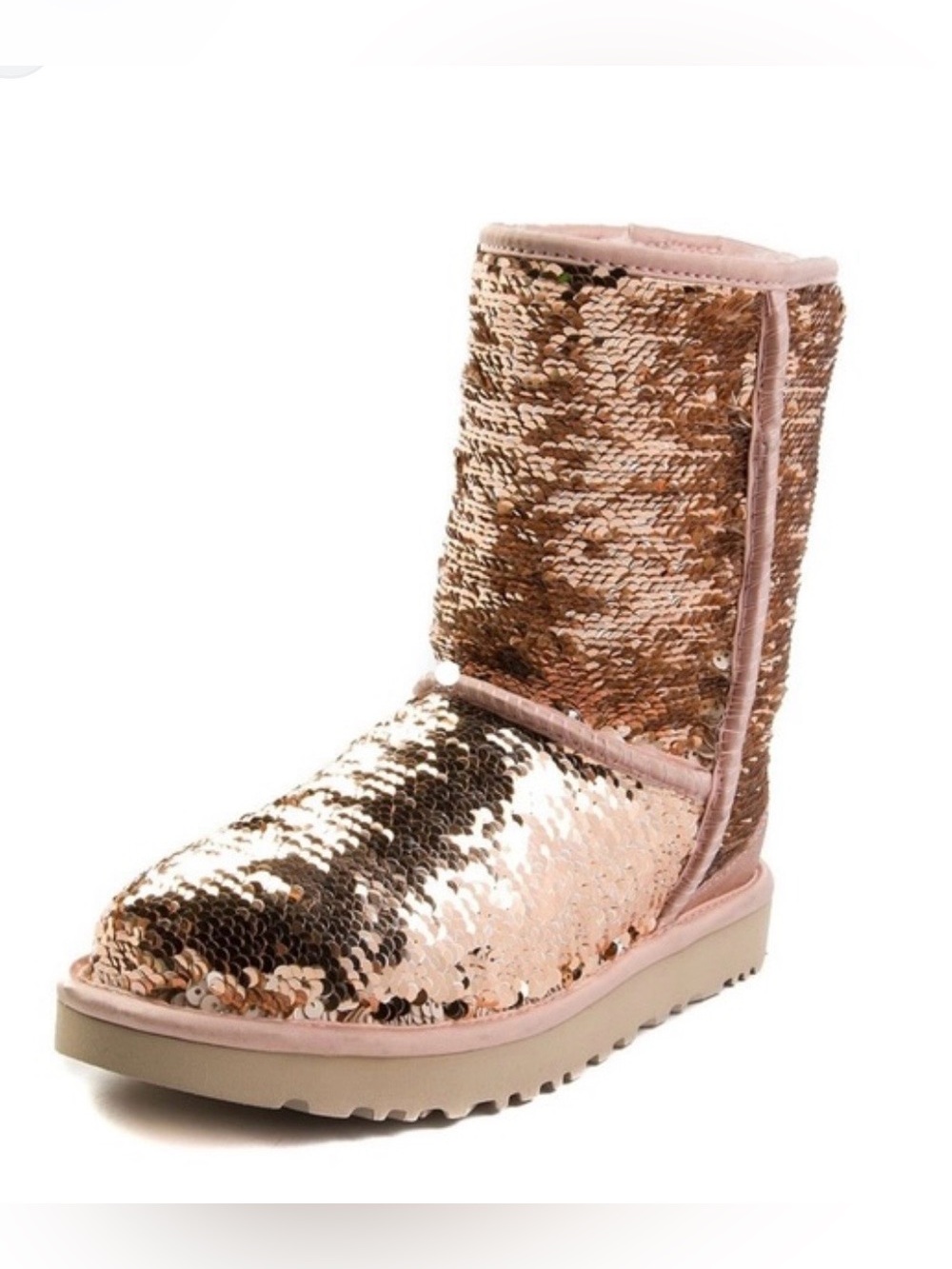 UGG Women's Classic Short Sparkle Sequin Boots 8 Champagne Gold Rose Pink